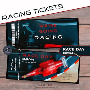 Car Racing Tickets, Race Car Template, Car Motorsport, Gift Certificate, Editable Printable, Birthday Gift, Vacation Coupon, Race Day