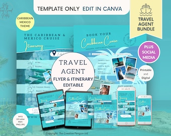 Travel Agent Canva Templates Bundle, Social Media Vacation Marketing Content, Cruise Flyer, Itinerary, Canva Editable, Caribbean Posts
