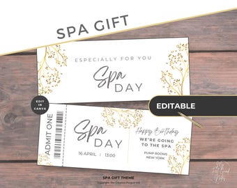 May include: Editable spa gift certificate template with gold floral accents. The text reads "Spa Day" and "Especially for you". The certificate is designed to be printed and given as a gift.