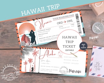 Hawaii Vacation Ticket, Printable Flight Boarding Pass Template, Surprise Plane Trip, Hawaiian Travel, Birthday Gift Certificate Editable