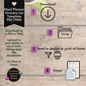 May include: A pink heart, a green coffee cup, and a wooden background with instructions on how to download, unzip, and use a meal planner grocery list template. The text says "Download as a PDF or PNG", "Upload to your tablet to use in note-taking apps like Goodnotes", "Or Print at home", "Send to device or print at home", "Enjoy!" and "Meal Planner Grocery List Digital or Printable".