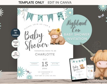 May include: A printable baby shower invitation template featuring a Highland Cow with blue and white floral accents. The text reads "Highland Cow Baby Shower Invitation".