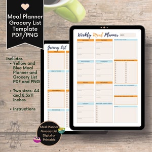 May include: A printable meal planner and grocery list template in yellow and blue colors. The template includes a weekly meal planner with sections for breakfast, lunch, and dinner for each day of the week. It also includes a grocery list with sections for fruit, health foods, condiments, and household items. The template is available in two sizes: A4 and 8.5x11 inches.