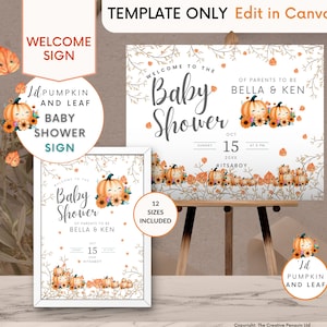 Signo de bienvenida Paquete de baby shower de calabaza pequeña, pancarta de otoño grande, plantilla editable, póster de otoño rústico, decoración de señalización imprimible