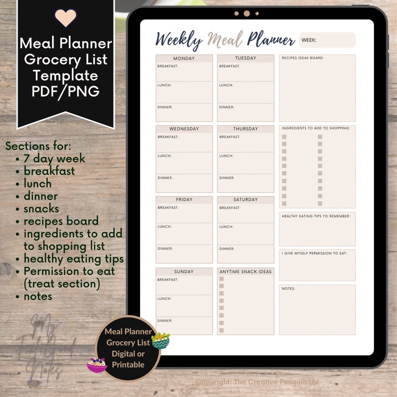 My Feel Good Notes, meal planner grocery list template pdf png goodnotes. Neutral Minimal Beige White. Printable Planner. Breakfast, Lunch, Dinner iPad. Tablet. Shopping List. Ingredients. Notes. Brainstorm. Weekly. Canned, frozen, pantry, drinks.