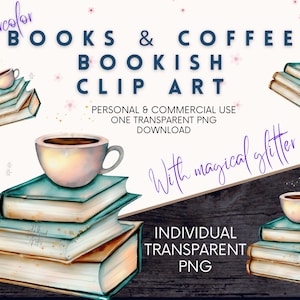 Op de afbeelding: Waterverfillustratie van een stapel boeken met een kopje koffie erop. De boeken zijn teal, bruin en wit. Het koffiekopje is wit met een bruine rand en een bruine handgreep. De achtergrond is een donker houtnerf.