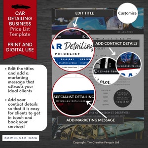 K&ouml;nnte beinhalten: Eine anpassbare Preisliste f&uuml;r Autodetailing-Unternehmen. Die Vorlage verf&uuml;gt &uuml;ber ein blaues und wei&szlig;es Farbschema mit einem Autobild im Hintergrund. Der Text "CAR DETAILING PRICELIST" wird oben auf der Vorlage prominent angezeigt. Die Vorlage enth&auml;lt Abschnitte f&uuml;r Kontaktinformationen, Marketingbotschaften und Preisinformationen.