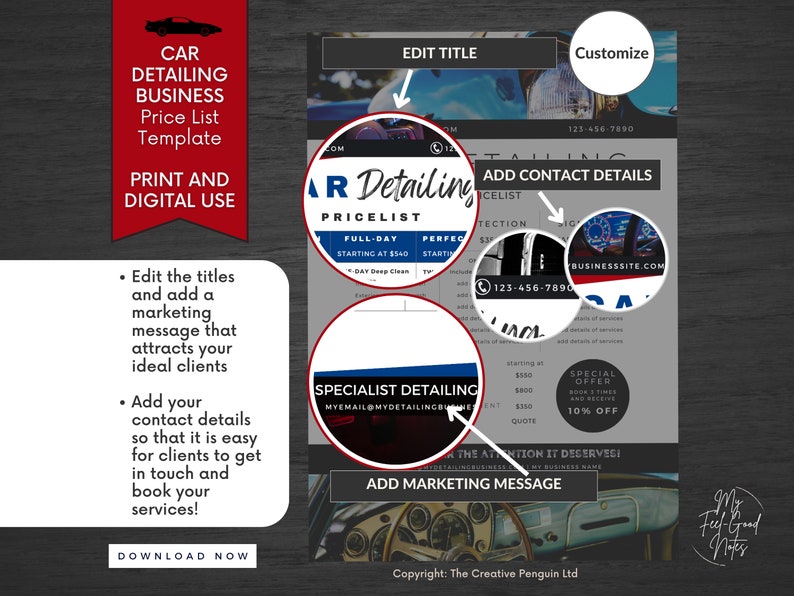 K&ouml;nnte beinhalten: Eine anpassbare Preisliste f&uuml;r Autodetailing-Unternehmen. Die Vorlage verf&uuml;gt &uuml;ber ein blaues und wei&szlig;es Farbschema mit einem Autobild im Hintergrund. Der Text "CAR DETAILING PRICELIST" wird oben auf der Vorlage prominent angezeigt. Die Vorlage enth&auml;lt Abschnitte f&uuml;r Kontaktinformationen, Marketingbotschaften und Preisinformationen.