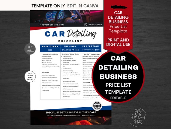 Car Detailing Price List Template Business | Editable Pricing | Canva Automotive Services Flyer Diy | Car Detailing Repair Car Wash