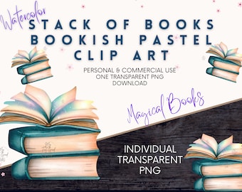 Bookish Clipart, Books Lover, Bookworm Reading Watercolor, Magical Open Book PNG, Library Interior, Romantic Cottagecore Instant Download