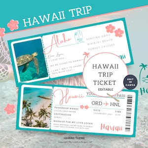 May include: Editable Hawaii trip ticket template with a turquoise background and pink accents. The ticket features a palm tree and ocean scene, a sea turtle, and the text "Hawaii Trip Ticket Editable".