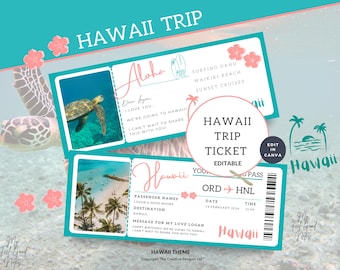 Hawaii Ticket Printable, Flight Boarding Pass Template, Surprise Plane Trip, Hawaiian Travel, Birthday Gift, Editable Vacation Coupon