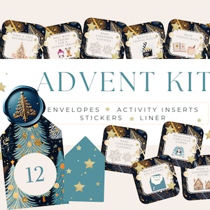 Advent Calendar Kit Printable DIY, Activities Cards, Christmas Countdown, Family Kids, Envelopes, Liner, Activity Stickers, Instant Download