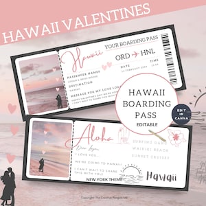 Boarding Pass to Hawaii, Plane Ticket Template, Valentine Gift Trip, Travel Printable, Surprise Vacation, Flight Coupon, Canva Editable