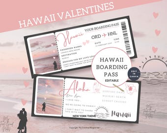 Boarding Pass to Hawaii, Plane Ticket Template, Valentine Gift Trip, Travel Printable, Surprise Vacation, Flight Coupon, Canva Editable