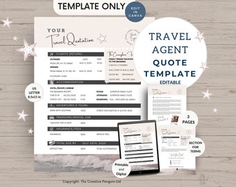 May include: A printable travel agent quote template with a beach theme. The template is editable and includes sections for flights, accommodation, adventures and tours, transfers, insurance, and fees. The template is 8.5 inches by 11 inches and has a total of 3 pages.