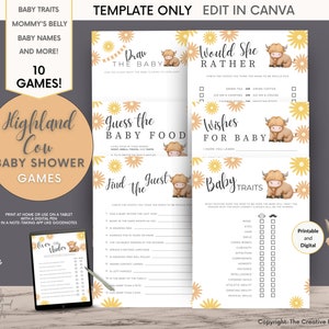 Highland Cow Baby Shower Games, Sunshine Template Bundle, Boho Gender Neutral, Editable Printable, Ray of Summer Flowers, Ranch Theme Yellow