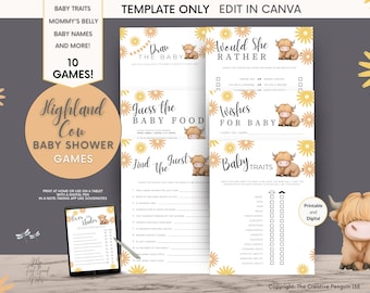 Highland Cow Baby Shower Games, Sunshine Template Bundel, Boho Genderneutraal, Bewerkbare afdrukbare, Straal van zomerbloemen, Ranch Thema Geel