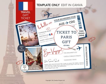 May include: A printable ticket to Paris gift template with a blue and red color scheme. The template features a plane, a Eiffel Tower, and the text "Ticket to Paris Gift".
