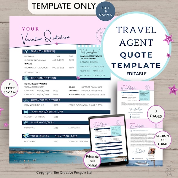 Travel Agency Quote Template, Agent Inquiry Email Templates, Travel Advisor, Blogger, Canva Editable, Sea Sand Blue Cruise Postcard Logo