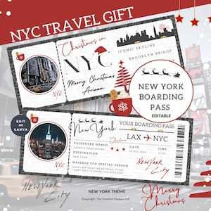 Christmas New York Plane Ticket Gift, NYC Trip, Boarding Pass Template Travel Printable, Personalized Holiday Coupon Canva Editable