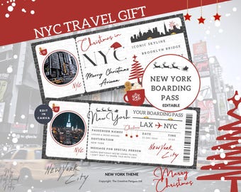 May include: A printable boarding pass with a Christmas in NYC theme. The pass features a red and white color scheme with a festive design. It includes a message for a special person, a destination of NYC, and a date of December 15th, 2024. The text reads "New York Boarding Pass, Editable, Your Boarding Pass, LAX to NYC, Date 15 Dec 2024, Time 11:00, New York City, Merry Christmas".