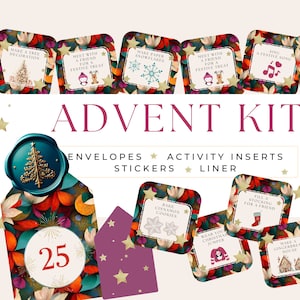 Advent Calendar Digital Kit Printable, Kids DIY Activities Cards, Floral Christmas Countdown Envelopes, Liner, Activity Stickers, Download