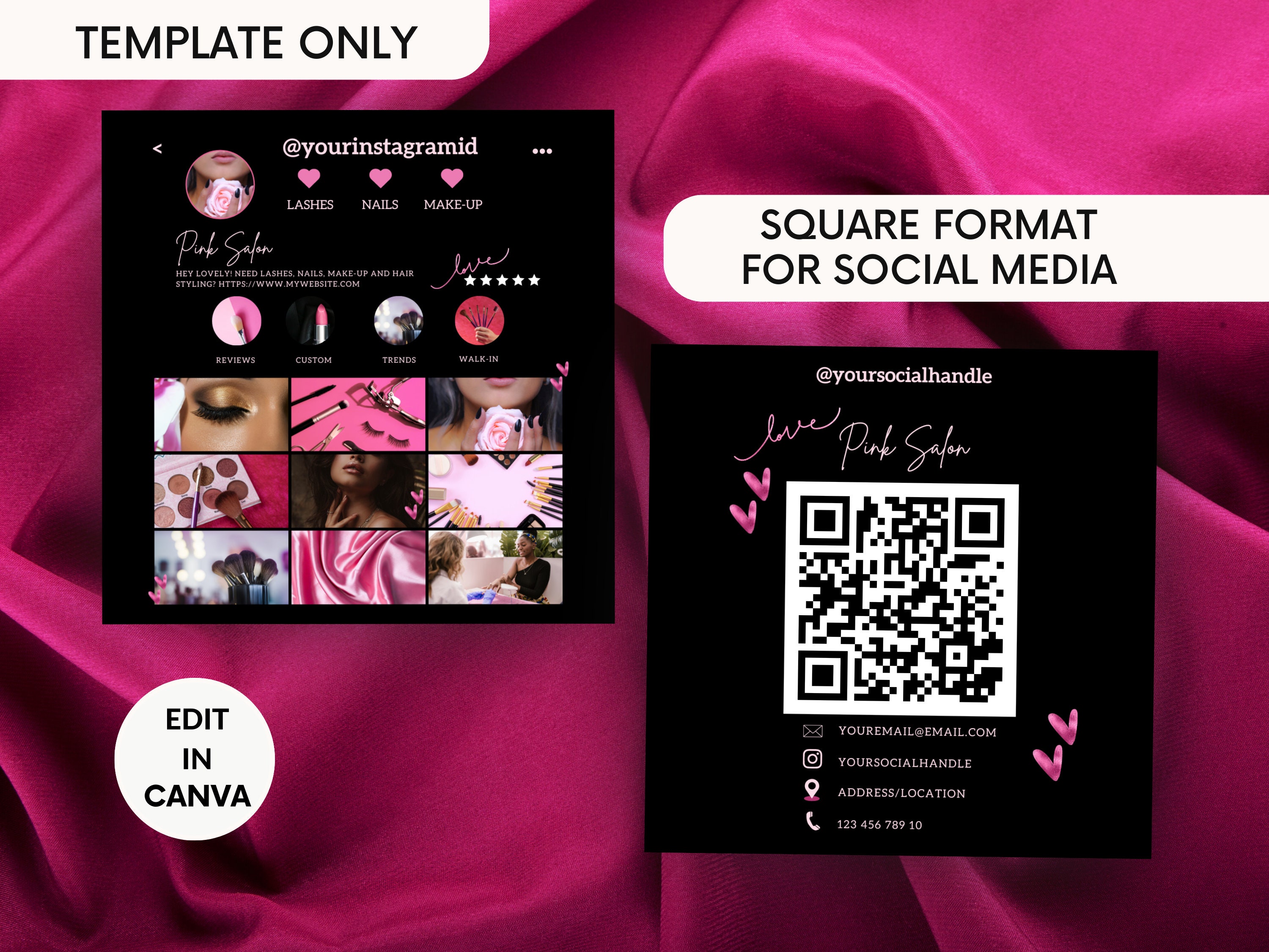 Photos QR Code Business Card, Vertical Pink Canva Template, Beauty ...