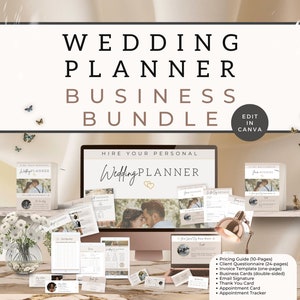 May include: A digital marketing kit for wedding planners. The kit includes a pricing guide, client questionnaire, invoice template, business cards, email signature, thank you card, appointment card, and appointment tracker. The kit is editable in Canva.