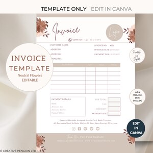 Minimalist Invoice Template, Boho Small Business, Digital Canva Editable, Printable Download, Billing Form, Floral, Wedding, Photographer