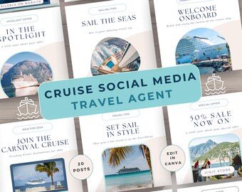 Travel Agent Cruise Social Media, Editable Canva, Posts Bundle Template, Marketing Agency Content, Blogger, Ocean Blue, Sailing Vacation