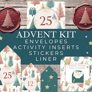 Advent Calendar Kit Printable DIY, Activities Cards, Christmas Countdown, Family Kids, Envelopes, Liner, Activity Stickers, Instant Download