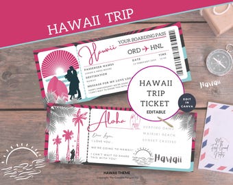 Tickets to Hawaii, Editable, Surprise Trip Printable, Vacation Gift Certificate, Flight Boarding Pass Template, Travel Birthday, Canva