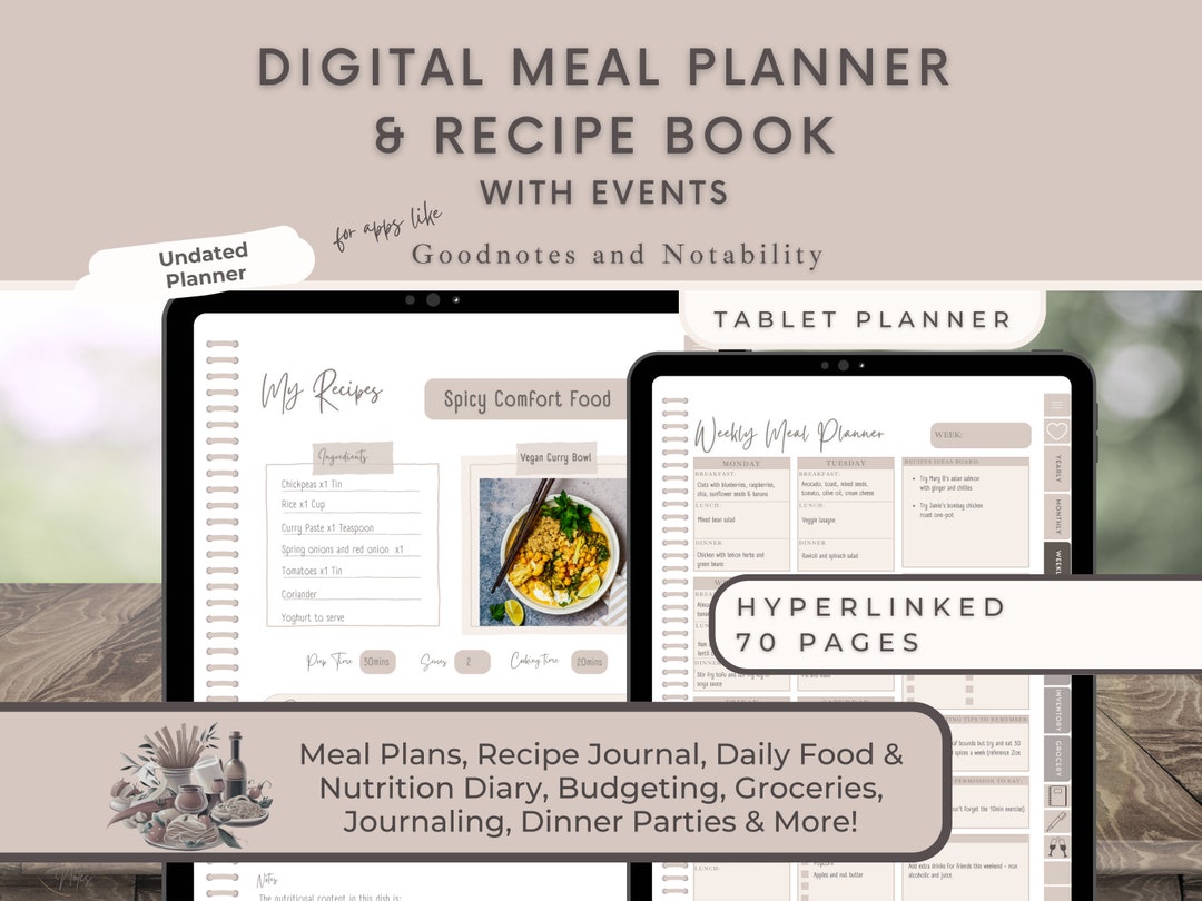 Digital Meal Planner and Recipe Book, Meal Prep, Goodnotes Food Journal Planning Template