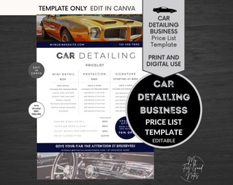 May include: A printable car detailing price list template with a yellow classic car image. The template includes pricing for mini detail, protection, and signature detailing services. It also includes a special offer for booking services and receiving a 10% discount.