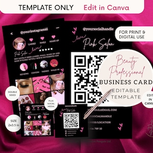 Photos QR Code Business Card, Vertical Pink Canva Template, Beauty, Hair, Lash, Influencer, Make-up artist DIY Instant Digital Download