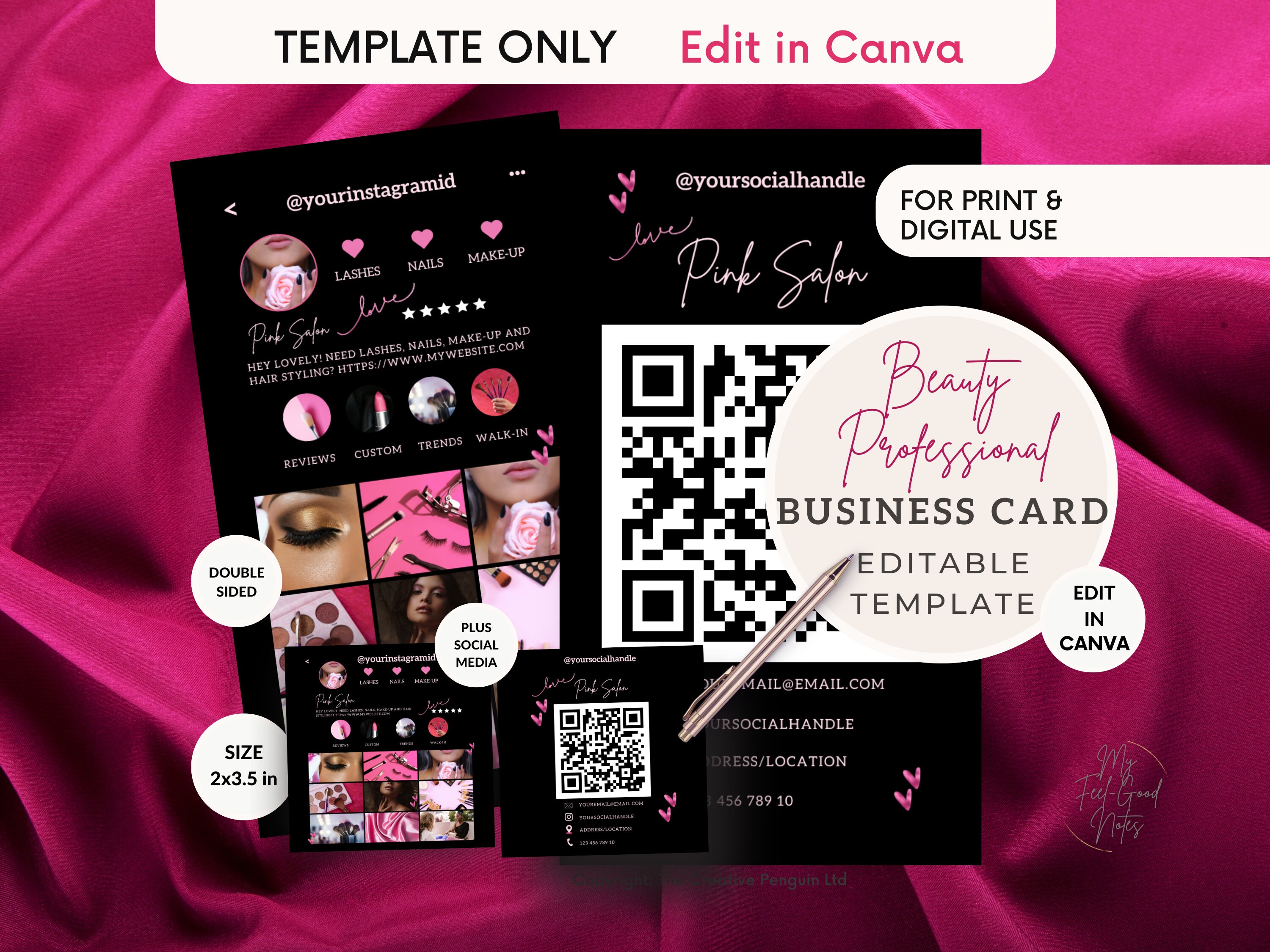 Photos QR Code Business Card, Vertical Pink Canva Template, Beauty ...
