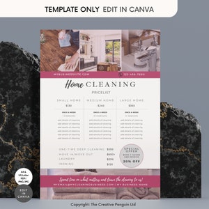 Vorlage für Reinigungsservices Preise, DIY Flyer Preisgestaltung zu Hause bearbeitbar, Canva druckbare digitale Vorlage, Hauswirtschaft Wohnreinigung