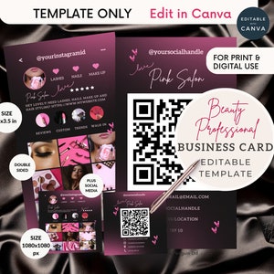 Photos QR Code Business Card, Pink Canva Template, Beauty, Influencer, Hair, Lash, Make-up artist DIY Premade Instant Digital Download