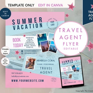 Travel Flyer Template, Agency Agent, Girls Trip, Diy E-Flyer, Social Media, Canva Editable, Summer Vacation, Pink, Photo Marketing Logo