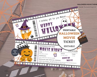 Halloween Movie Night Ticket einladen, druckbare bearbeitbare Vorlage, Sofort-Download, Canva Familiengeschenk, gruselige Überraschungs-Geburtstagsfeier