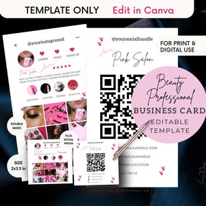 Photo QR Code Business Card, Beauty Pink Canva Template, Influencer, Hair, Lash, Make-up artist DIY Design, Instant Digital Download