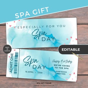 Chèque-cadeau pour un spa, bon modifiable, carte-cadeau imprimable, téléchargement immédiat, bon de réduction pour une journée au spa, modèle de billet, fête des mères, anniversaire