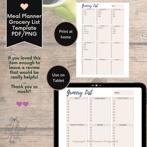 May include: Printable grocery list template in PDF and PNG format. The template is divided into categories such as fruit, vegetables, meat/dairy, health foods, bread, and canned goods. The template also includes a section for condiments, drinks, frozen foods, household items, personal items, and other items. The template is designed to be used on a tablet or printed at home.