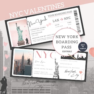 Billet de voyage à New York, carte d'embarquement pour New York, cadeau pour la Saint-Valentin, voyage à imprimer, modèle de vacances surprise, coupon de vol cadeau, édition sur toile