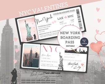 Billete de viaje a Nueva York, tarjeta de embarque de Nueva York, regalo de San Valentín, plantilla imprimible de viaje, cupón de vuelo de regalo, Canva editable