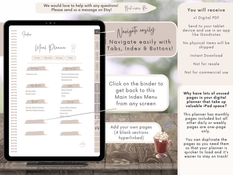 Digital Meal Planner and Recipe Book, Meal Prep, Goodnotes Food Journal Planning Template