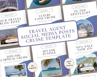Travel Agent Social Media Posts Bundle Template, Cruise Flyer Posts Content, Editable Canva, Blogger Marketing, Ocean Blue, Vacation Sail