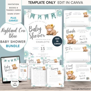 Highland Cow Baby Shower Bundle bleu avec jeux, ensemble d&#39;invitation de vache sacrée, inserts de modèle modifiables, fleurs de vache Highlander neutres de genre
