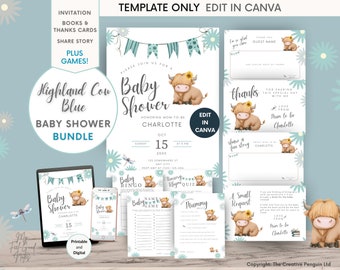 Könnte beinhalten: Druckbarer Highland Cow Baby Shower Bundle in Blau und Grün mit einer niedlichen Kuh-Illustration. Enthält Einladungen, Dankeskarten, Spiele und eine Bitte um Bücher.  In Canva bearbeitbar.